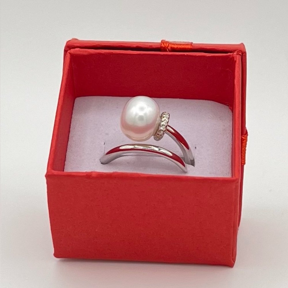 Sterling Silver Faux Pearl Adjustable Ring - Picture 2 of 4